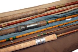 RODS (3): Fine 8? 2 pce split cane stalking or spinning rod red agate butt & tip guides green close