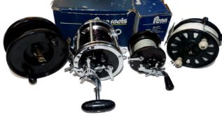 REELS: (4) Penn Senator 6/0 big game multiplier reel black end plates star drag free spool harness