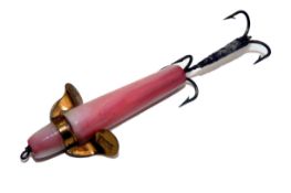 LURE: Rare Hardy pink Mother of Pearl Devon bait 2? long body with copper collar and fins stamped ?