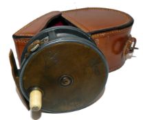 REEL & CASE: (2) Hardy brass faced narrow drum Perfect alloy trout fly reel 3-1/8? diameter with