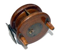 REEL: D Slater Patent mahogany and brass Combination reel 3.5? diameter 3 screw drum latch twin