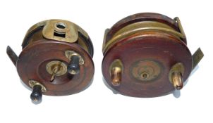 REELS: (2) Nottingham mahogany/brass fishtail star back reel twin bulbous handles central brake nut