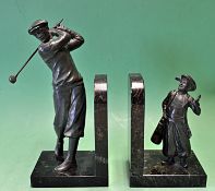 Fine pair of spelter and marble golfing bookends c1920 – comprising a golfer and his caddy each