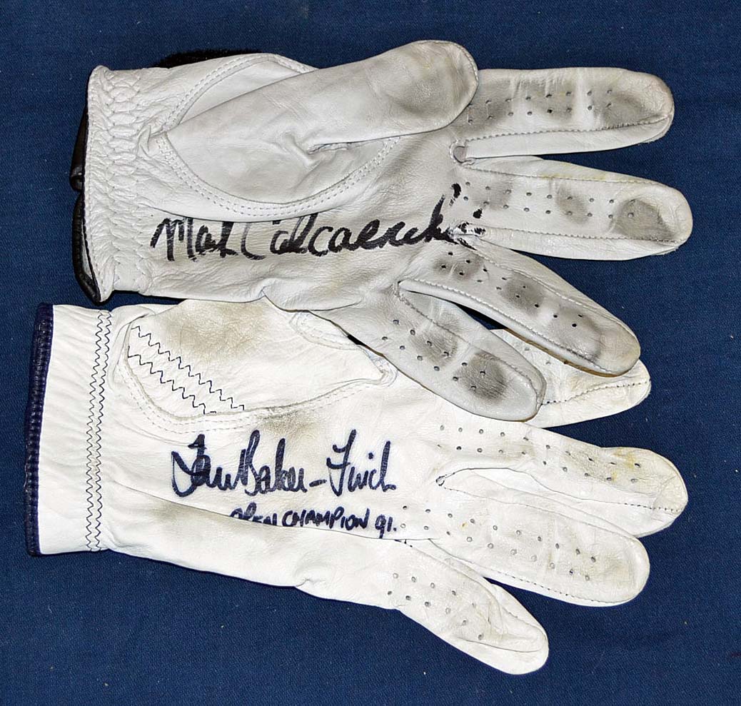 2x Open Golf Champions players signed personal worn golf gloves to incl Ian Baker-Finch signed "Open