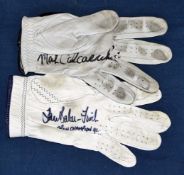 2x Open Golf Champions players signed personal worn golf gloves to incl Ian Baker-Finch signed "Open