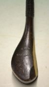Rare McEwan narrow deep faced scared brassed spoon c1860- dark stained beech wood head fitted with