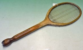 Fine "The Clover" wooden fish tail tennis racket – with an elongated head fitted with double