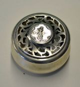 Lady golfer silver pot pourri pot c1904 – fretted lid decorated with an embossed period lady