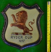 Rare 1957 Ryder Cup Golf Tournament G.B &I team golf bag shield crest - encased leather bound