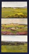 3x fine Gleneagles colour golfing postcards c1920s to incl The Gleneagles Hotel from The 17th