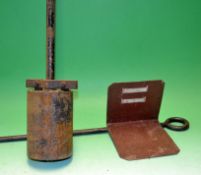 Early cast iron putting green hole cutter – c/w wooden handle – overall 32x 21" and early metal