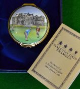 Halcyon Days St Andrews golfing scene enamel box – the lid is decorated with The R&A Club House