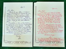 Ben Crenshaw 2x personal hand written golf letter c1983 – interesting content re Course Designs