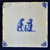 Early Dutch Delft blue and white tile with an Kolfing scene from 1650s - some chips and crazing