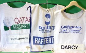 Collection of PGA Tournament Players caddy bibs to incl Ronan Rafferty Suntory World Match Play