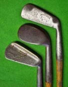 3x interesting irons to incl early Tom Stewart smf rut niblick, Fred Saunders Highgate GC flanged