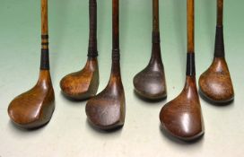 6x various woods to incl Tom Ball late scare neck persimmon driver, Reauld 12 degree brassie, Forgan