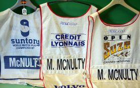 Mark McNulty collection of PGA tournament golf caddy bibs – worn by his caddie Paul Stevens to