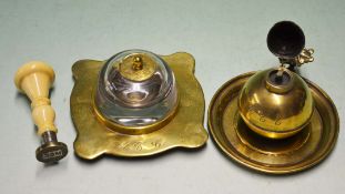 Rare collection of MCC brass desk top items to incl brass and glass inkwell engraved to the lid