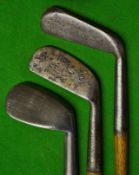 3x interesting irons and putter to incl Wm Gibson rut niblick with diamond pattern face markings,