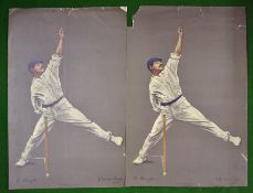 2x Original Chevalier Taylor colour lithograph cricket print 1905 – titled S Haigh - with artist`