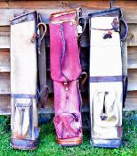 3x leather and canvas golf club bags - each with golf ball pockets, leather straps and one with a