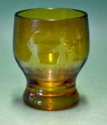 Scarce Bohemian Amber glass vessel with etched golfing scene from the 1850s – large bulbous drinking