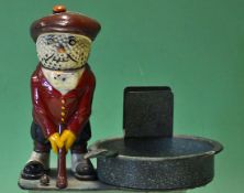 A rare Haskell cast iron golfers match stick holder and ashtray c1910 – hand painted red coated