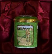 Staffordshire Enamel golfing pill box – decorated with Tom Morris, The Blackheath Golfer and Mary