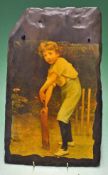 Famous Pears Soap Advert of a boy playing cricket mounted on slate – comprising a colour transfer of