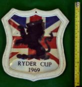 Rare 1969 Ryder Cup Golf Tournament G.B &I team golf bag shield crest - encased leather bound shield
