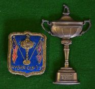 2x Ryder Cup golf badges to incl 1977 Gilt/Embroidered supporters pin badge overall 2"x1.5" and rare