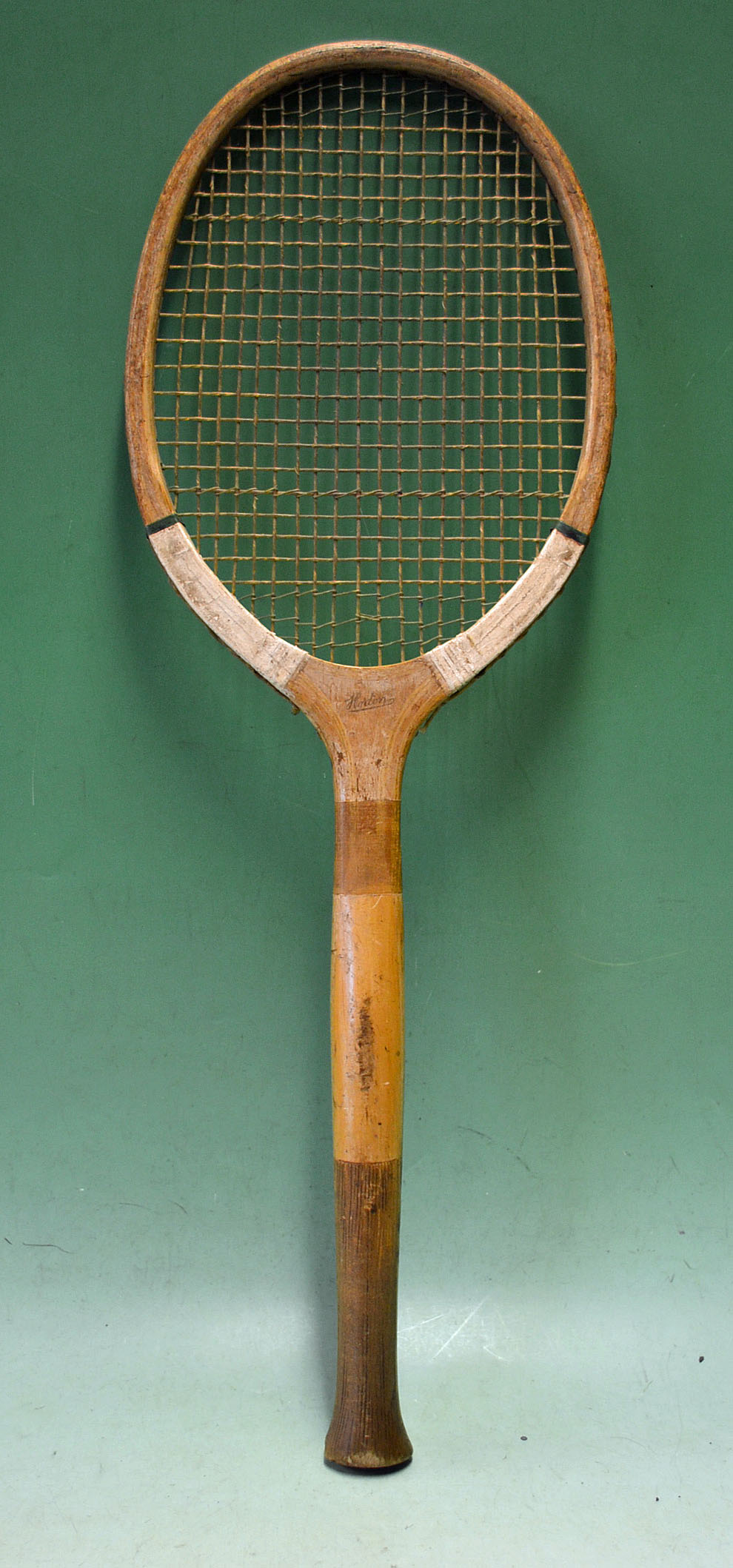 Horton Fantail Wooden Tennis Racket c1925 original gut strings intact, an oval head with concave