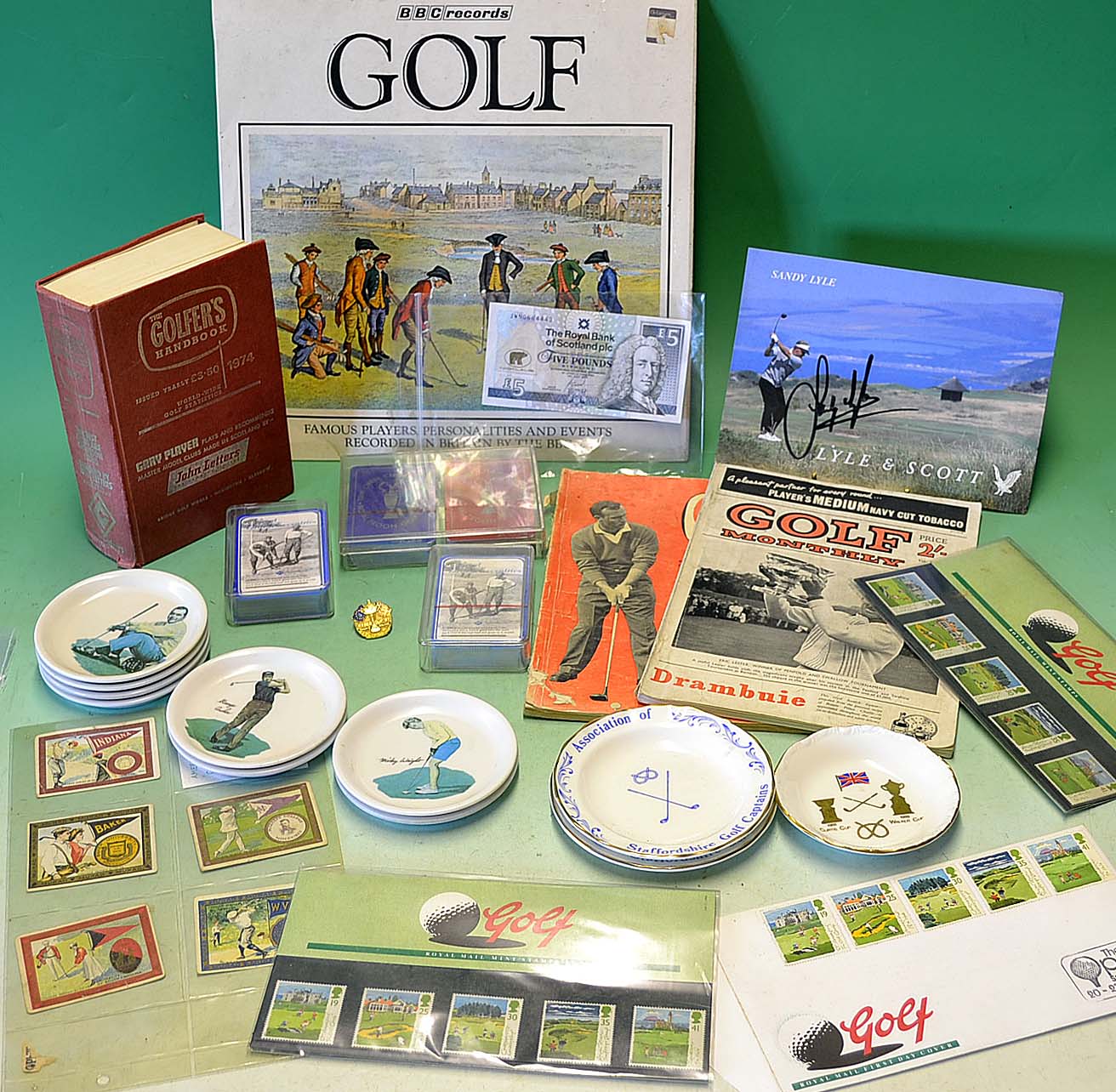 Miscellaneous golf collection to incl Royal Bank of Scotland Jack Nicklaus £5 note, various Open