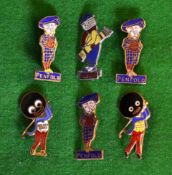 6x early enamel golfing pin badges to incl 3x Penfold men, Dunlop Caddy figure and 2x Robinson` s