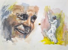 David Gower original cricket portrait/batting watercolour – signed by the artist G. Caley and