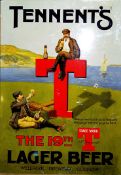 Large Tennent` s Scottish Beer coloured tin 19th "T" advertising enamel sign – featuring 2x