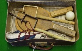 Edwardian Table Tennis set c/w original small carrying case – comprising net, posts, 2 small cork