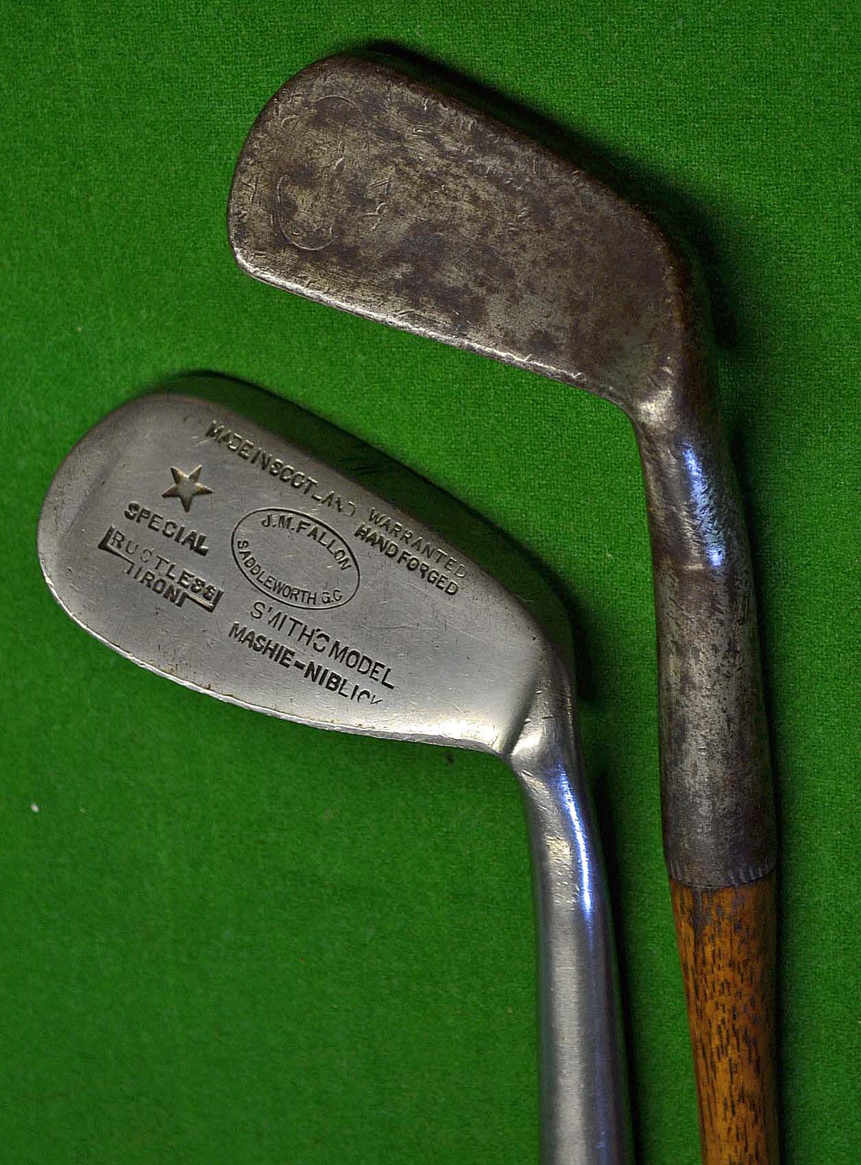 2x Smith` s Pat patent winged toe anti shank irons to incl Gibson mashie niblick and R Forgan St
