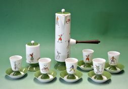 Continental ceramic green and white coffee set decorated with golfers, golf clubs and golf bags