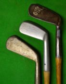 2x early Pat anti shank smf irons and one other to incl Heavily bent Smith Pat winged toe mashie,