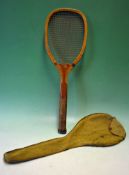 Early Spalding USA Gold Medal Flat Top Wooden Tennis Racket with period red gut stringing (G),