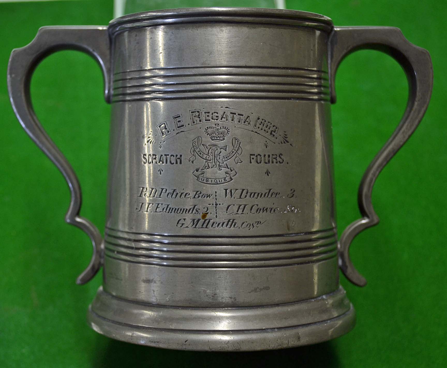 1882 Rowing regatta pewter trophy – the double handled 1pt tankard is engraved "R.E. Regatta