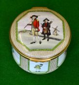 Halcyon Days golfing scene enamel box – the lid is decorated with "Blackheath Golfers Scene" and