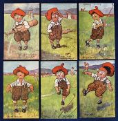 Set of Six early R. Tuck Oilette "Our Caddie" coloured comic golfing postcards c1908 – amusing