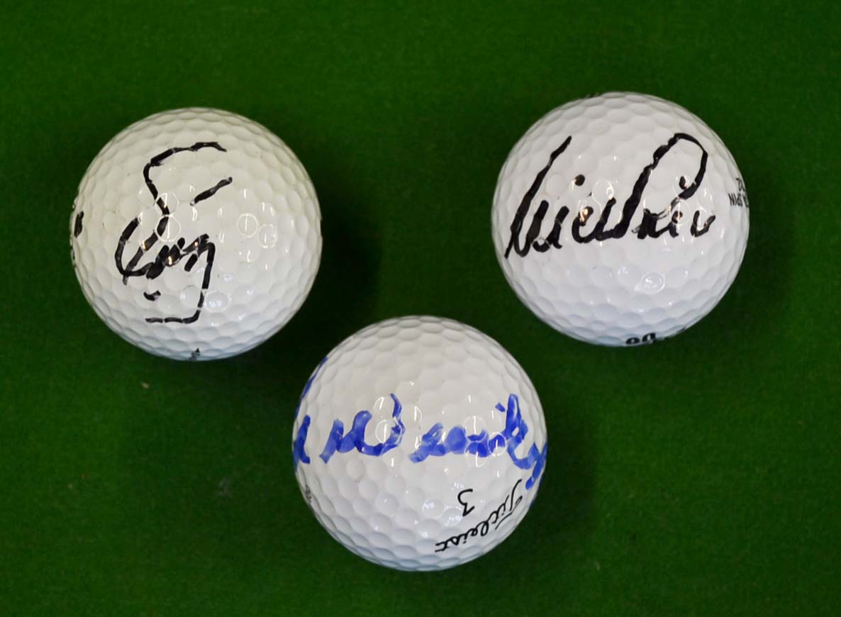 3x major golf winners personal signed golf balls –to incl Nick Price Precept "Nick", Fuzzy Zoeller