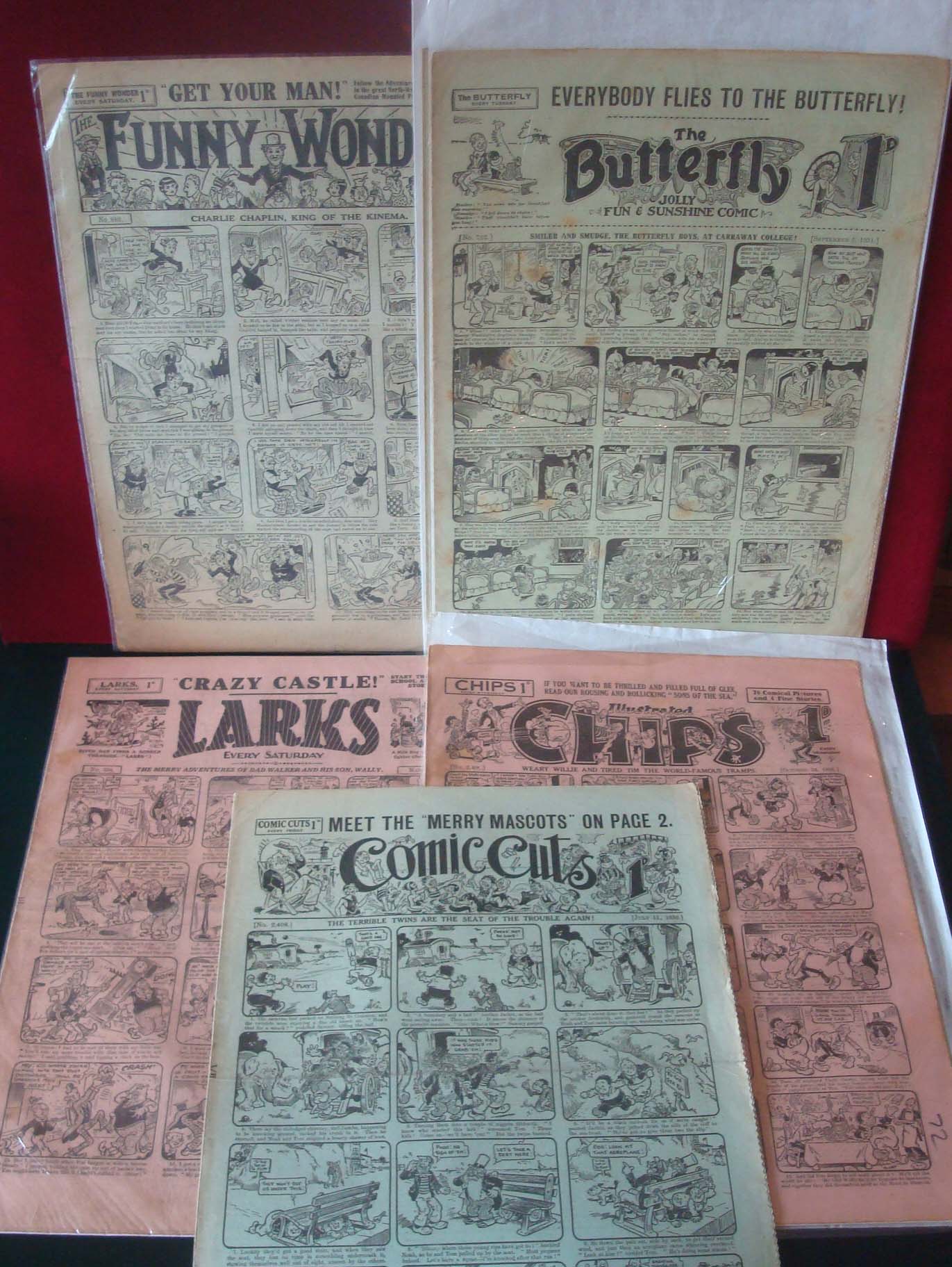 Four 1930s Weekly Comics: To include Funny Wonders 21st March 1931 (Charlie Chaplin), Butterfly