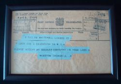 1922 Telegram from Sir Winston Churchill: The Telegram was sent to Lady Cox has follows Please