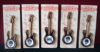 Beatles Jewellery Brooch Badge: Set of five plastic shape guitars with photo image inside, around