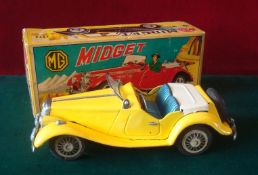 [B] (Japan) Tinplate Friction Drive “MG Midget Car: Based on a 1955 MGTF, yellow, printed hub caps